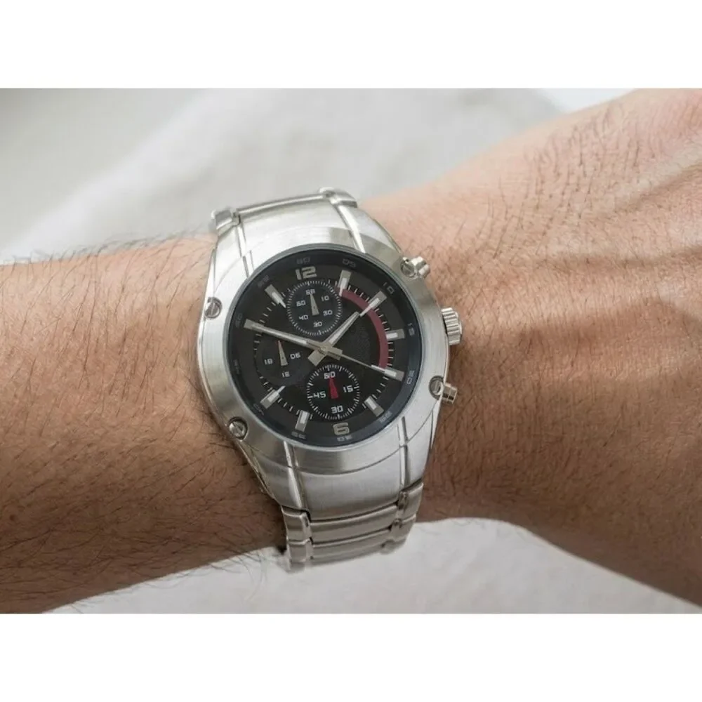 Merona Men's Quartz Sport Watch-Black Textured Dial–Steel Bracelet – (FMDM245)